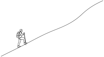 Fototapeta premium Minimalist line art illustration of a lone hiker ascending a mountain path with trekking poles
