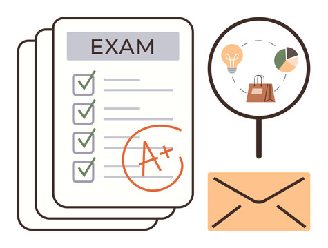 Education, business strategies, communication, performance evaluation, success, planning. A paper marked with an A grade, magnifying glass and envelope. Education and business strategies theme