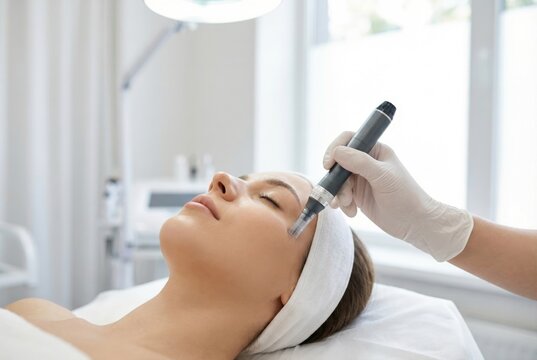  Young beautiful woman receiving a facial microneedling treatment with a dermapen in a modern cosmetology clinic. Skin rejuvenation and anti-aging concept. Generative AI