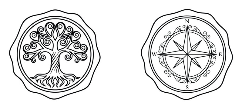 Tree of life and compass rose icons, black outline seal designs on transparent background