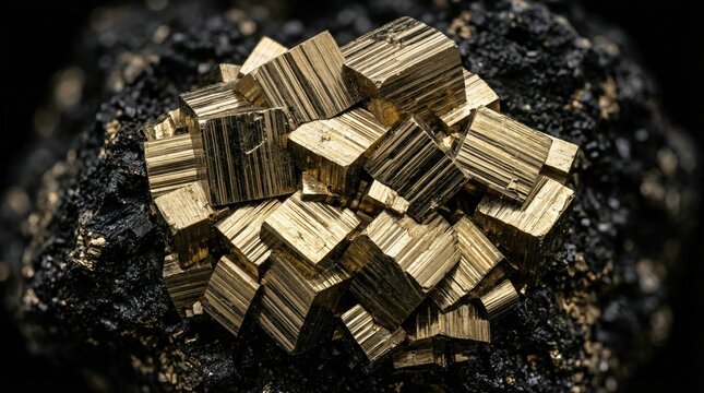 Macro Shot of Pyrite Crystal Cluster known as Fool's Gold with Cubic Structure on Dark Rock Matrix