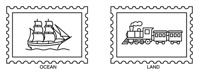 Vintage postage stamp collection featuring ocean sailing ship and land steam locomotive illustrations © GoDesigner