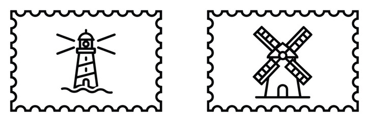 Vintage postage stamp outlines featuring lighthouse and windmill icons for travel and mailing theme © GoDesigner