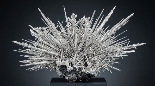 Native Silver Mineral Specimen with Metallic Needle-Like Acicular Crystals and Dendritic Growth on a Dark Background