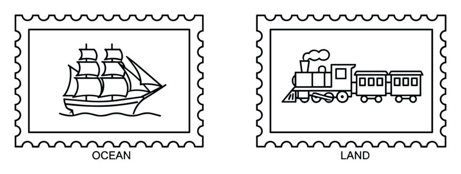 Vintage postage stamp collection featuring ocean sailing ship and land steam locomotive illustrations