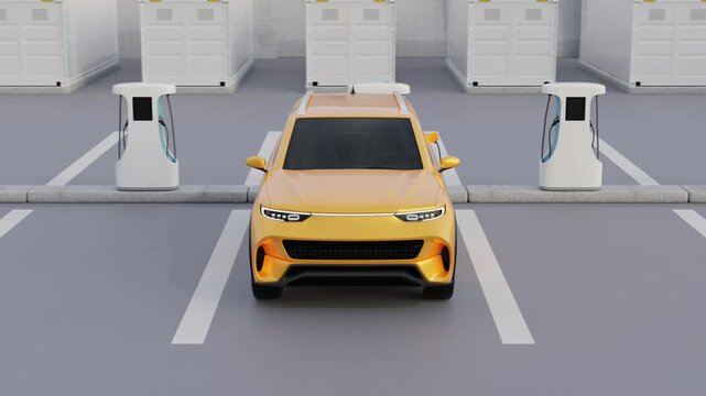 Electric SUV charging at charging station. Cargo container with Energy storage system at background. 3D animation.