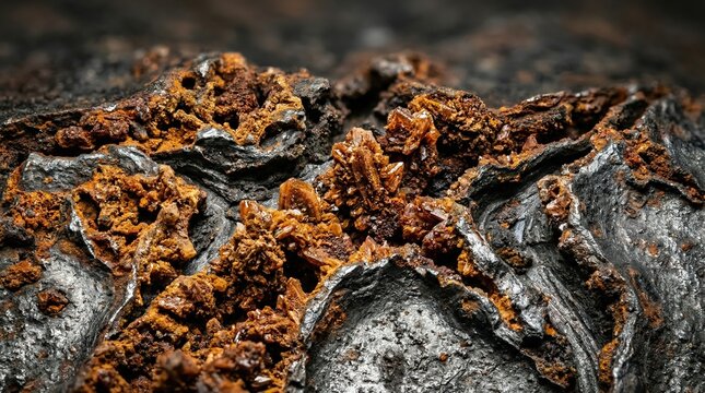 Macro Photography of Raw Iron Ore Mineral Specimen with Metallic and Earthy Textures