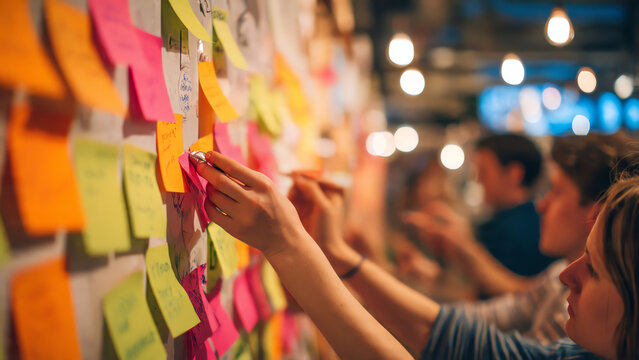 Team Brainstorming Session Ideas Taking Shape on a Vibrant Sticky Note Wall