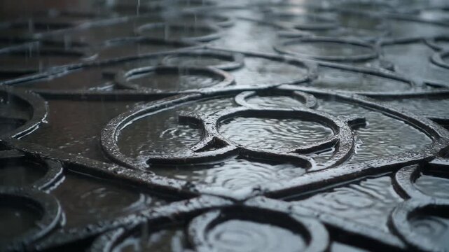 Close-up of wet metal floor tiles.