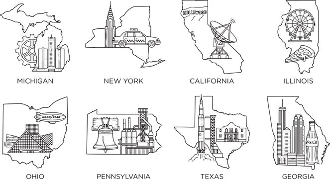 Hand-Drawn Line Art Major US State Maps Concept