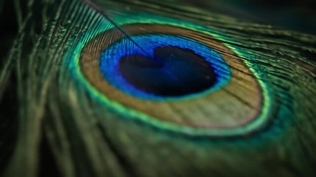 Close-up of a vibrant peacock feather with a heart-shaped center, showcasing blue, green, and brown hues. Perfect for nature, wildlife, and decorative designs.