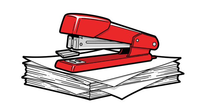 Red stapler on a paper stack.