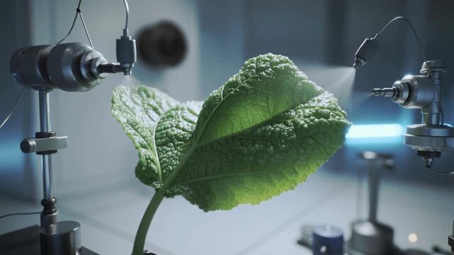 A green leaf is being examined under lab equipment with a futuristic feel, suggesting a scene of scientific research or innovation.
