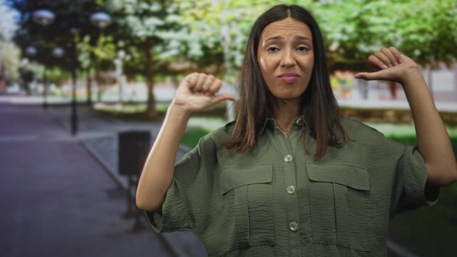Hispanic young brunette woman in green shirt with thumbs pointing to self on a city street lined with trees and walkway; annoyance.