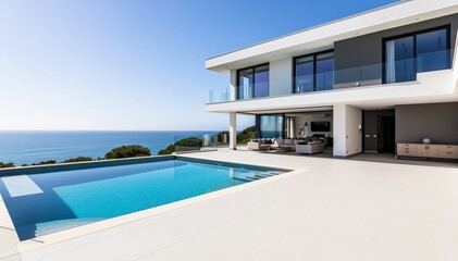 Fototapeta premium Luxury Oceanfront Villa: A stunning modern villa, complete with a refreshing pool, sits serenely on the coast, providing a scenic view of the vast ocean and clear sky.