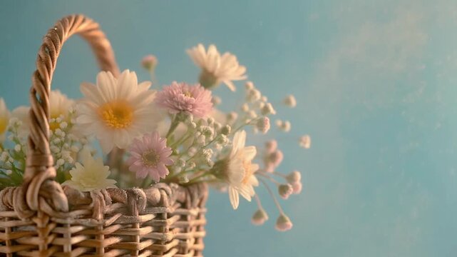 Close-up of wicker basket filled with assorted flowers highlighting intricate floral details and basket texture against soft light blue background