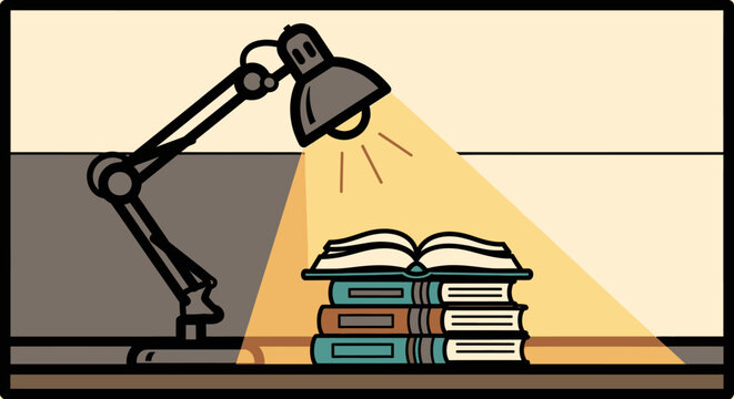 Stack of books under desk lamp.