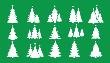 Fototapeta premium A set of white Christmas tree silhouettes on a solid green background, featuring various pine and fir tree shapes, including single trees and forest clusters topped with stars for holiday designs.