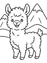 Naklejka premium Smiling Alpaca Amidst Mountains: An adorable alpaca with a cheerful expression stands before majestic mountain peaks, showcasing the serenity of the highlands.