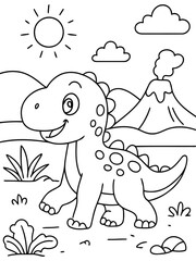 Obraz premium Cheerful Dinosaur in a Prehistoric Scene: A smiling, friendly dinosaur, a relic of a lost age, playfully struts across a cartoon landscape, with mountains, volcano, sun and clouds in the backdrop.