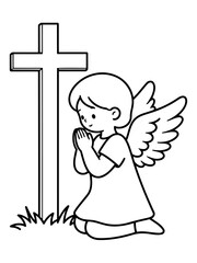 Naklejka premium Angel's Reverence: An angelic figure kneels in prayer before a cross, radiating serenity and devotion in a scene of spiritual contemplation.