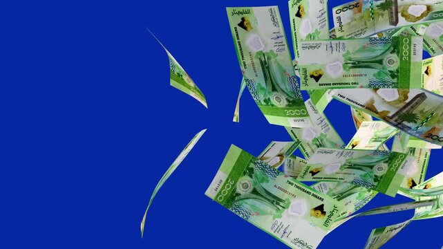 3D animation of falling Algerian 2000 Dinar banknotes. Features iconic landmarks like the Martyrs' Memorial. Includes blue screen and black background versions with alpha matte for editing.