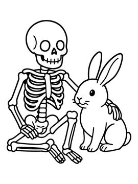 Skeleton and Rabbit Friends: A whimsical illustration captures a skeleton and a rabbit in a heartwarming embrace, symbolizing friendship and the cycle of life and death. 