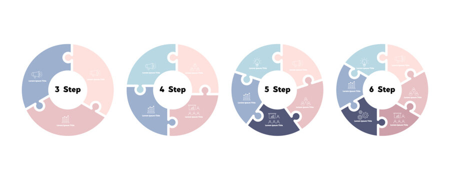 Vector circle arrows infographics set. 3, 4, 5, 6 options, parts, steps. Template for cycle diagram, graph, puzzle presentation and round chart. Business concept with data processes. vector eps