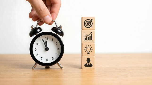 Hand holding alarm clock, business goal blocks, time management concept