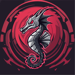 Fototapeta premium Seahorse Dragon Creature Mascot with Red Eyes on a Vibrant Abstract Background