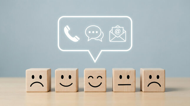 Customer Satisfaction Survey: Communication Icons & Face Emoticons on Wooden Blocks