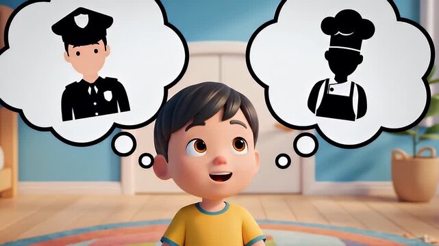 Split Scene Cartoon Boy Imagining Future Careers as Police Officer and Chef Dreaming Childhood Aspirations Concept
