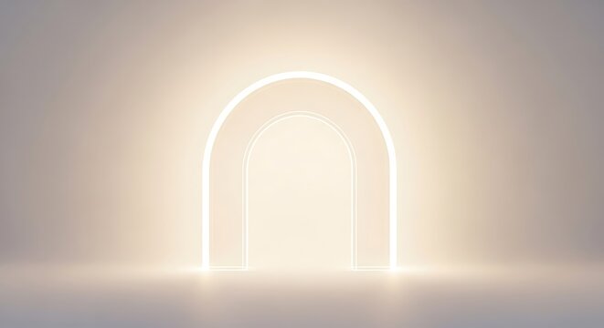 A glowing white archway stands alone in a dimly lit room with a smooth floor and wall