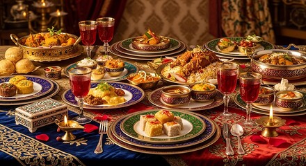 Fototapeta premium Grand traditional feast opulent spread of Indian and Middle Eastern cuisine, showcasing savory dishes, main courses, and desserts for cultural celebration