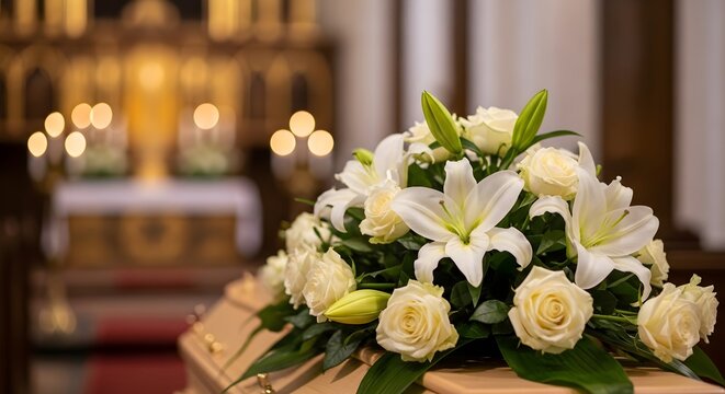 Elegant white floral arrangement adorning a wooden coffin inside a solemn church, symbolizing remembrance, respect, and final farewell during a sacred service