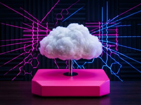 A fluffy white cloud rises from a pink octagonal base with a dark background featuring neon pink and blue lines