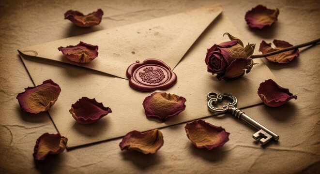 Vintage love letter with dried rose petals and