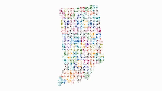 Indiana animation. Shape of the state with pulsating colored dots. Small size square blocks. Digital style map on white background. Beautiful video.