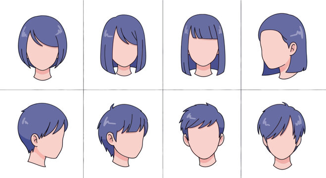 Anime style blue hair hairstyles collection with multiple angles cartoon face avatars for character design and digital art projects