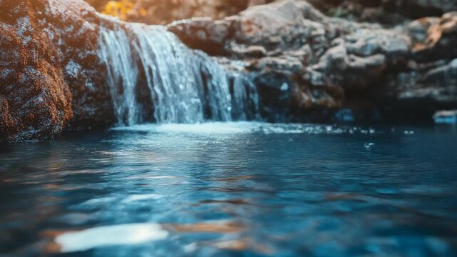A small waterfall cascades into a still pool, edged by rocky cliffs in soft focus