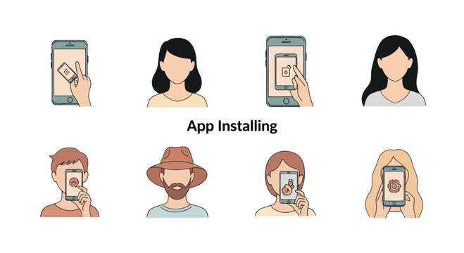 App installing process with diverse people using smartphones and digital interface icons, technology and communication concept illustration