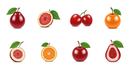 Naklejka premium Fresh assorted fruit collection including peaches, cherries, apricots, and oranges, whole and sliced, perfect for healthy lifestyle and food design projects
