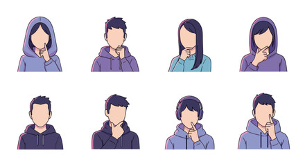 Fototapeta premium Set of faceless young people in hoodies showing thinking and whispering gestures, diverse avatars for social media or communication concepts