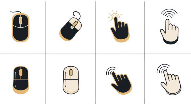 Set of mouse and hand cursor click icons in beige and black, touchscreen and wireless technology concept, digital interaction design