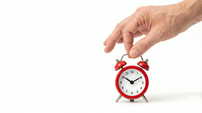 Hand holding a red alarm clock on a white background, concept of time management