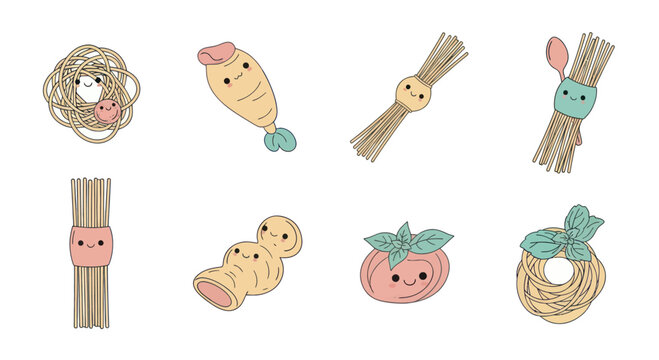 Cute cartoon Italian pasta varieties with friendly faces including spaghetti, fusilli, rigatoni, farfalle and tomato basil for cooking and food design