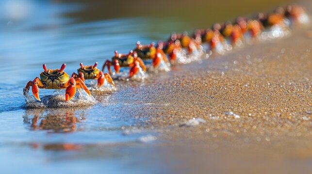 A line of colorful crabs scurrying along the water's edge