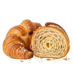 Fototapeta premium A delicious golden croissant cut in half on a black background with crumbs and sugar