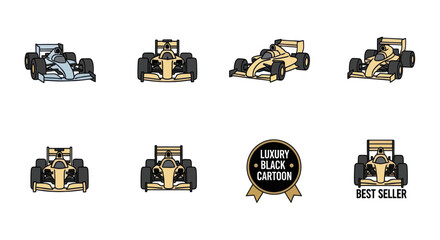 Obraz premium Set of cartoon racing Formula 1 cars in various angles and styles, best seller luxury black edition, perfect for motorsport and auto design projects