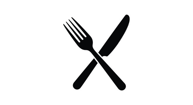 Flat isolated 2d icon of black silhouette of crossed fork and knife